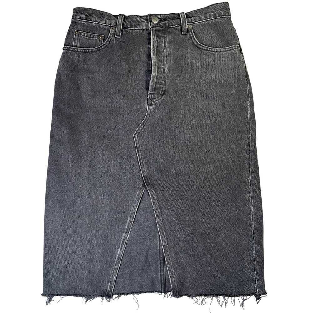 Reformation Jeans Denim Midi Skirt Front Slit Raw Hem Faded Black 27 Grunge Edgy